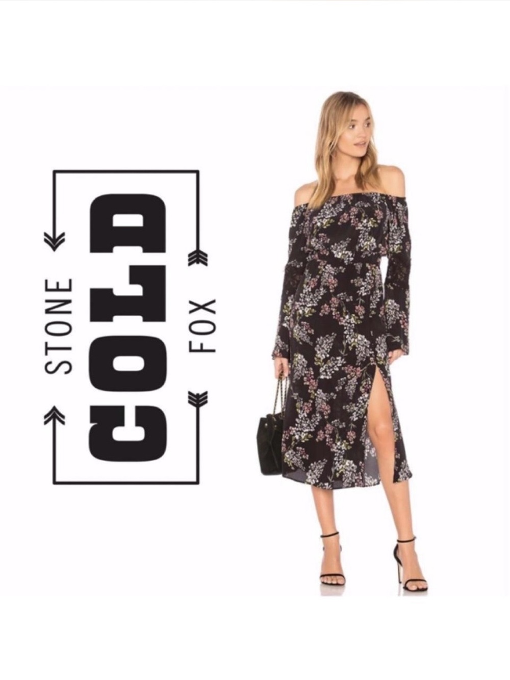 Stone Cold Fox Black Floral Off-Shoulder Midi Silk Dress USA size 4